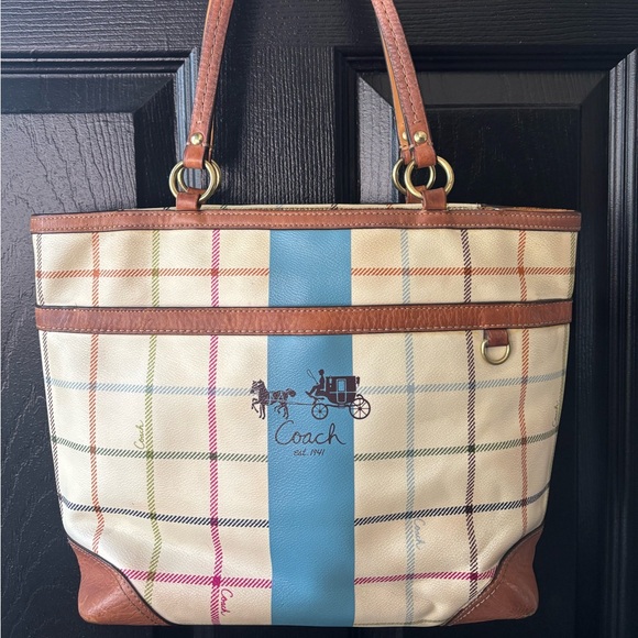 Coach Multicolor Plaid Tote with Blue Stripe - Picture 1 of 14